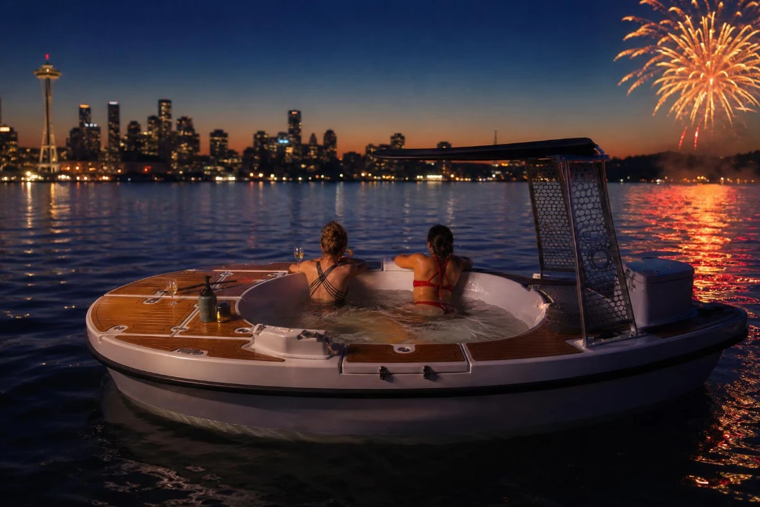 Watching July 4th Fireworks From a Hot Tub Boat on Lake Union